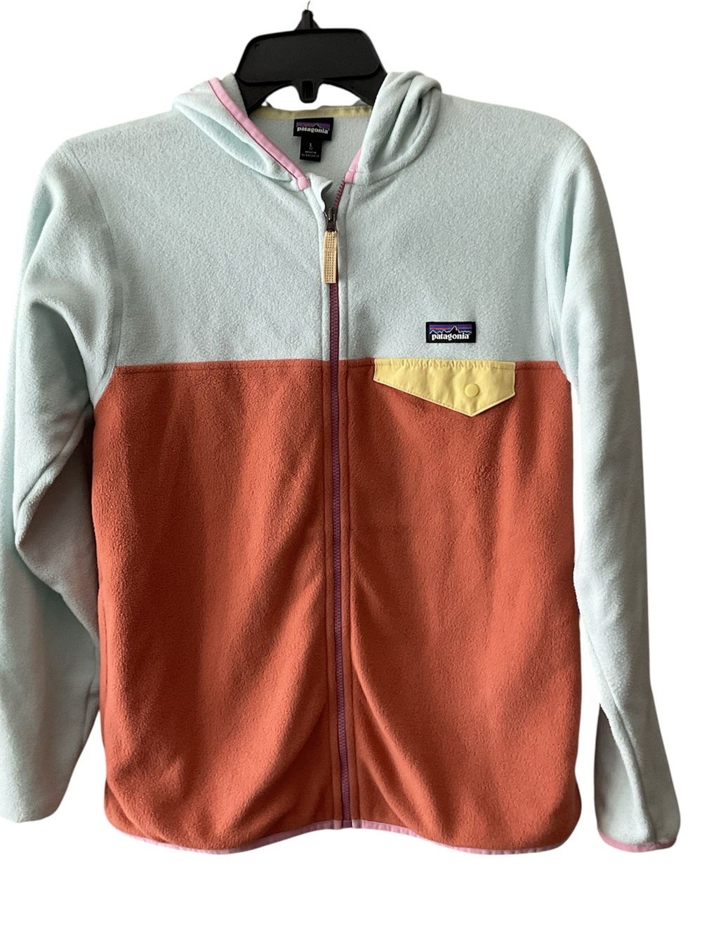 Patagonia Kids Colorblock Zip Fleece Hoodie - Light Blue, Rust & Yellow
